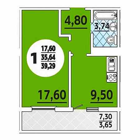 1 комнатная 39.29м²