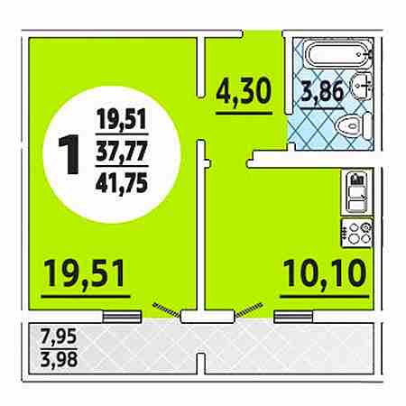 1 комнатная 41.75м²