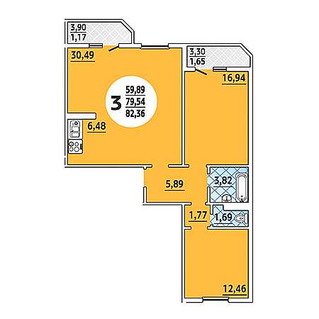 3 комнатная 82.36м²