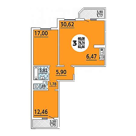 3 комнатная 82.66м²