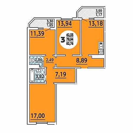 3 комнатная 82.76м²