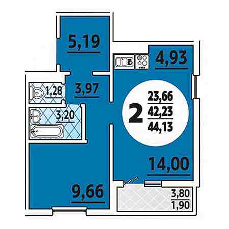 2 комнатная 44.13м²