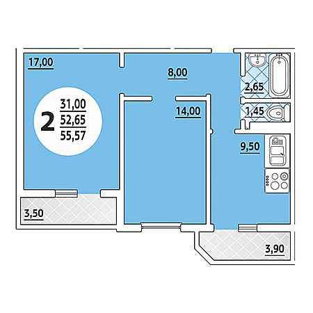 2 комнатная 55.57м²