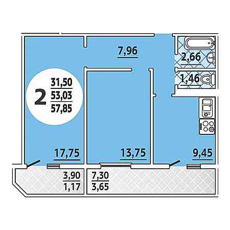 2 комнатная 57.85м²