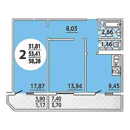 2 комнатная 58.28м²