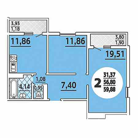 2 комнатная 59.88м²