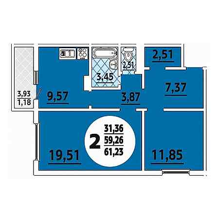 2 комнатная 61.23м²