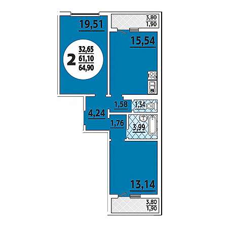 2 комнатная 64.9м²