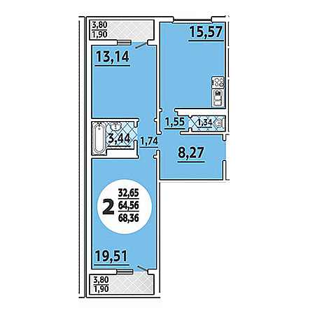 2 комнатная 68.36м²