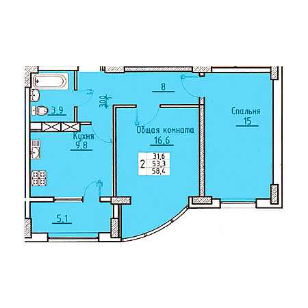 2 комнатная 58.4м²