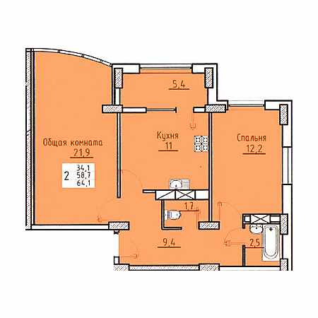 2 комнатная 64.1м²