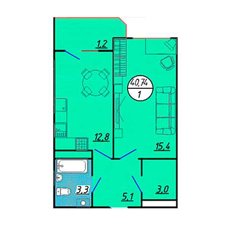 1 комнатная 40.74м²