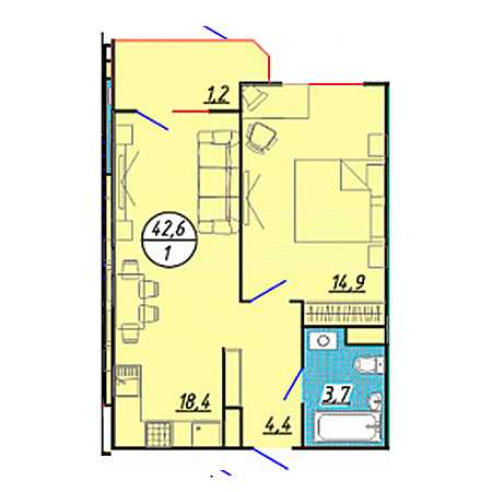 1 комнатная 42.6м²