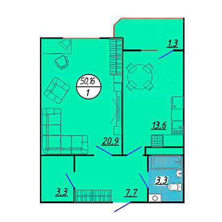 1 комнатная 50.16м²