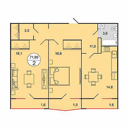 2 комнатная 71.6м²