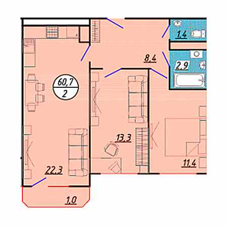 2 комнатная 60.7м²