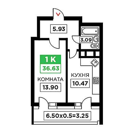 1 комнатная 36.63м²