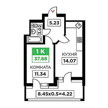 1 комнатная 37.88м²