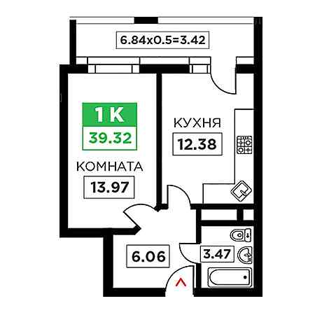 1 комнатная 39.32м²