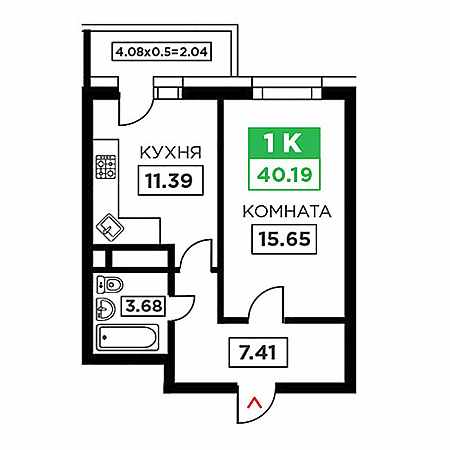 1 комнатная 40.19м²