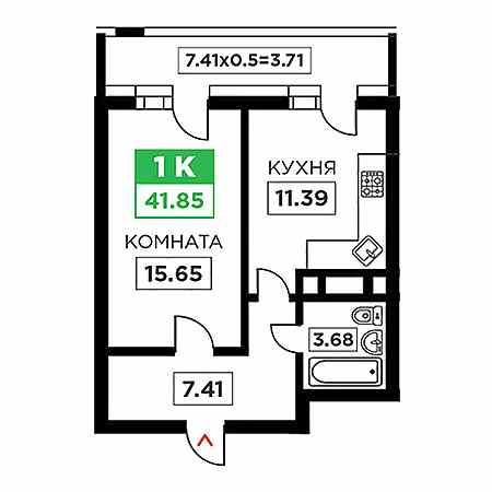 1 комнатная 41.85м²