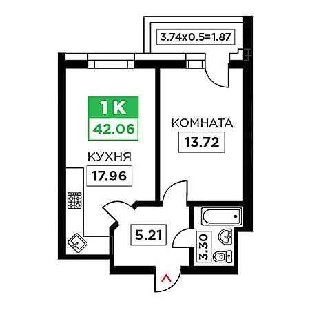 1 комнатная 42.06м²