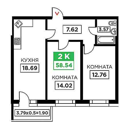 2 комнатная 58.54м²