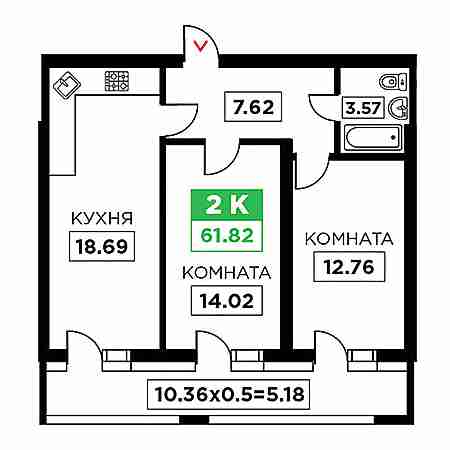 2 комнатная 61.82м²