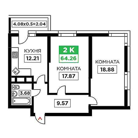 2 комнатная 64.26м²