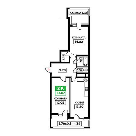 2 комнатная 73.87м²