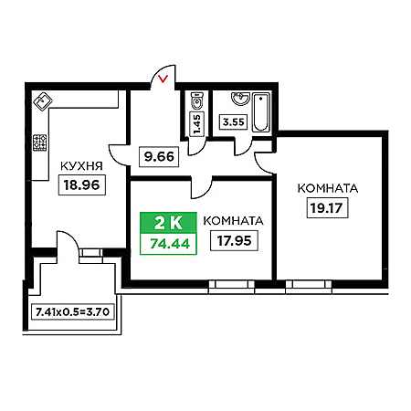 2 комнатная 74.44м²