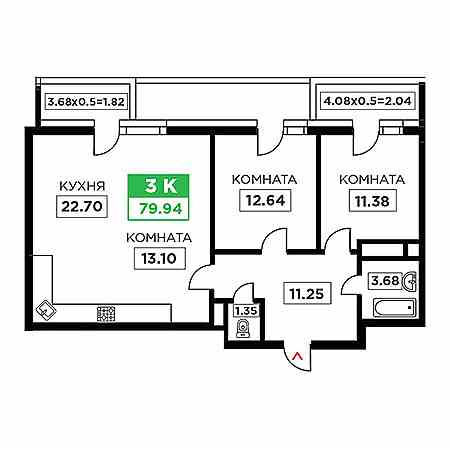 3 комнатная 79.94м²