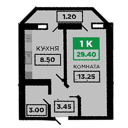 1 комнатная 29.4м²