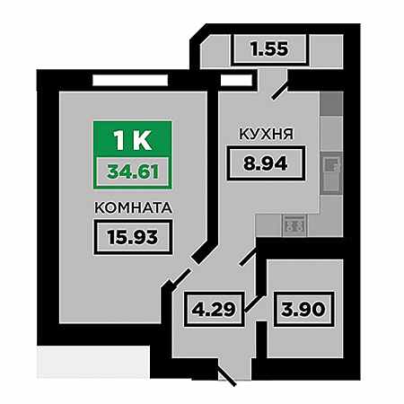 1 комнатная 34.61м²