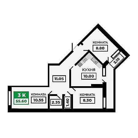 3 комнатная 55.6м²