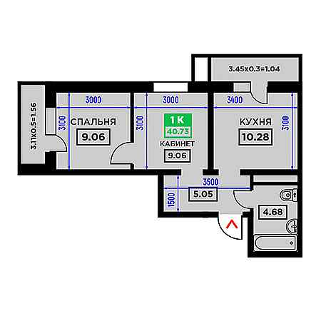 1 комнатная 40.73м²