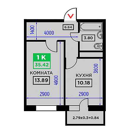 1 комнатная 35.42м²