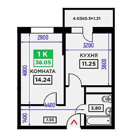 1 комнатная 38.05м²