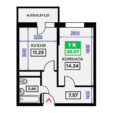 1 комнатная 38.07м²