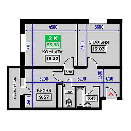 2 комнатная 53.88м²