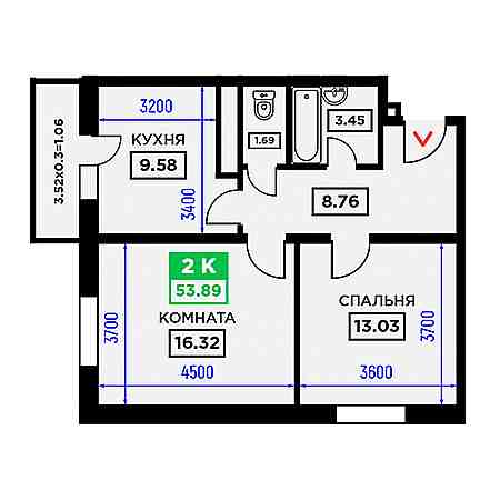 2 комнатная 53.89м²