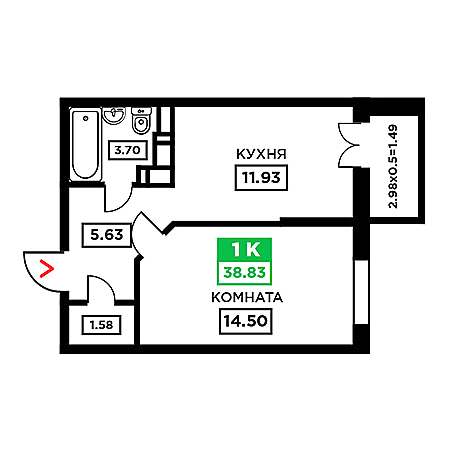 1 комнатная 38.83м²