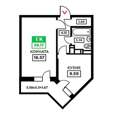 1 комнатная 39.17м²