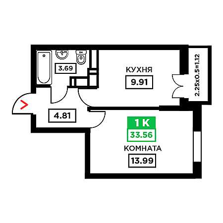 1 комнатная 33.56м²