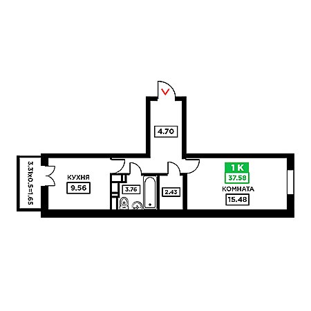 1 комнатная 37.58м²