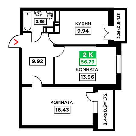 2 комнатная 56.79м²