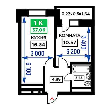 1 комнатная 37.06м²