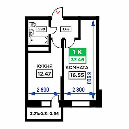 1 комнатная 37.46м²