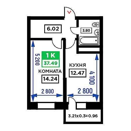 1 комнатная 37.49м²