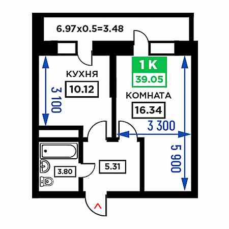 1 комнатная 39.05м²